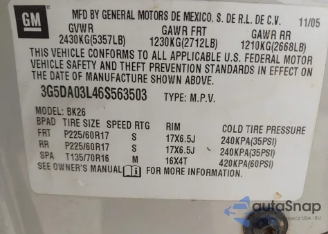 2006 Buick Rendezvous Cx z USA, uszkodzony, nr VIN 3G5DA03L46S563503